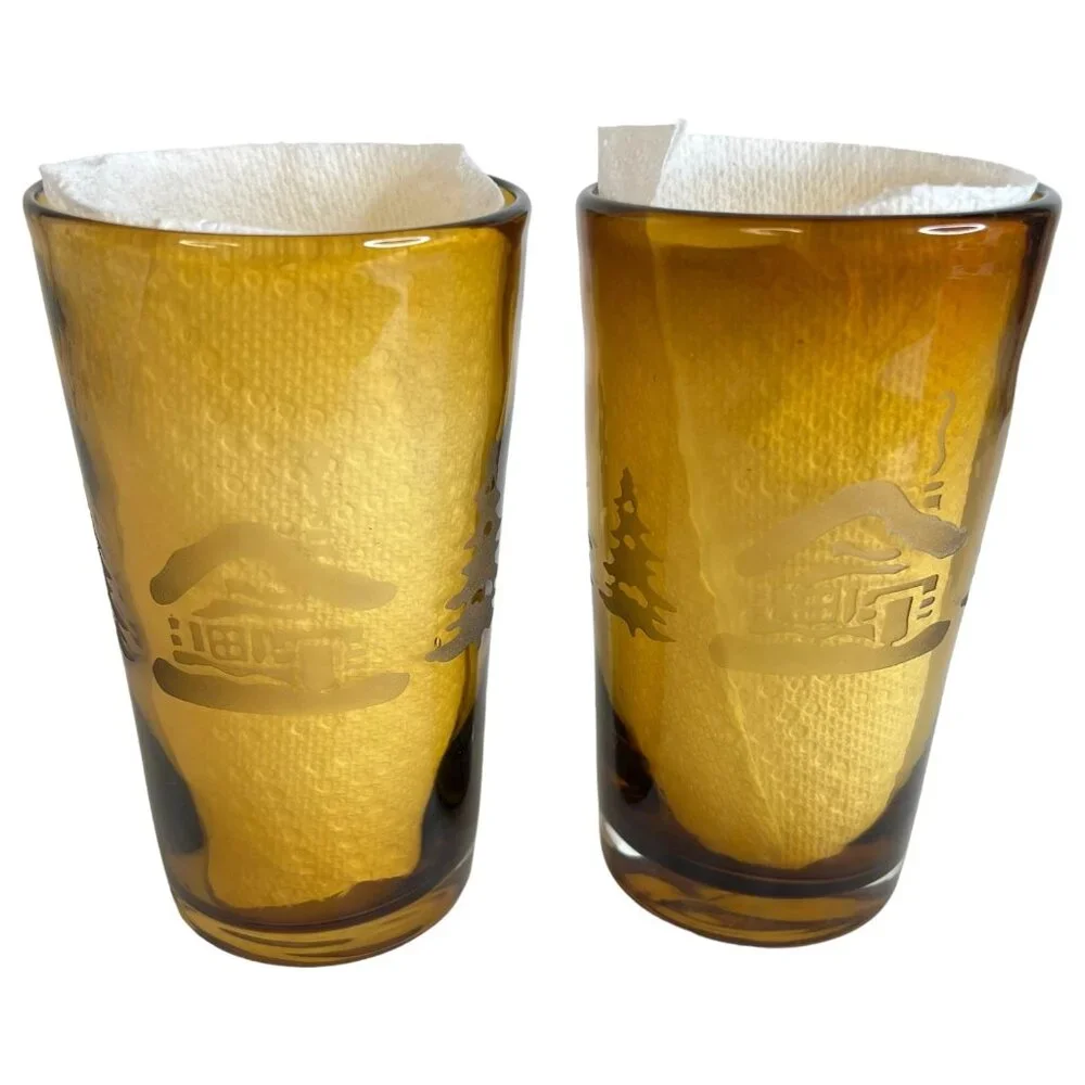 2 Home Studio Woodland Amber Glass Tumblers Etched Winter Scene 20 OZ Cabin Tree
